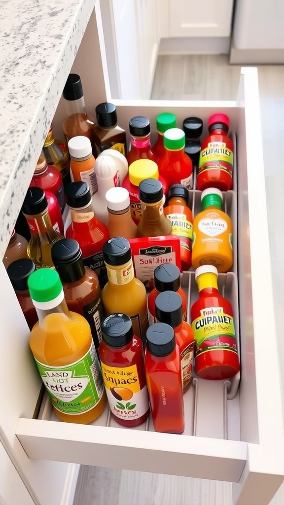 Ultimate Guide to Organizing Your Sauce Drawer An organized sauce drawer with neatly arranged condiment bottles, labeled and categorized in a clean kitchen.